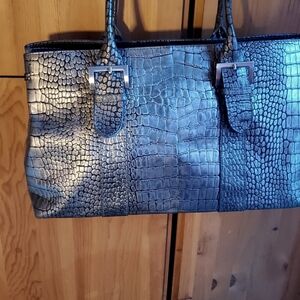 Danier Silver & Black Croc Embossed Leather Handbag